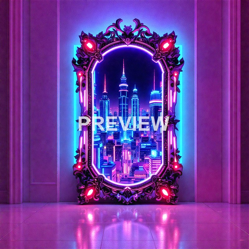 A neon-lit cityscape featuring skyscrapers, including the iconic Empire State Building, viewed through an ornate, glowing mirror frame with purple and pink lighting effects.